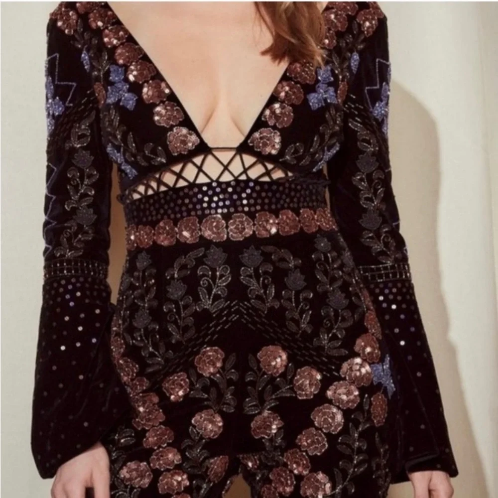 Nasty Gal Black Velvet Floral Embroidered Deep V Jumpsuit - Picture 2 of 8